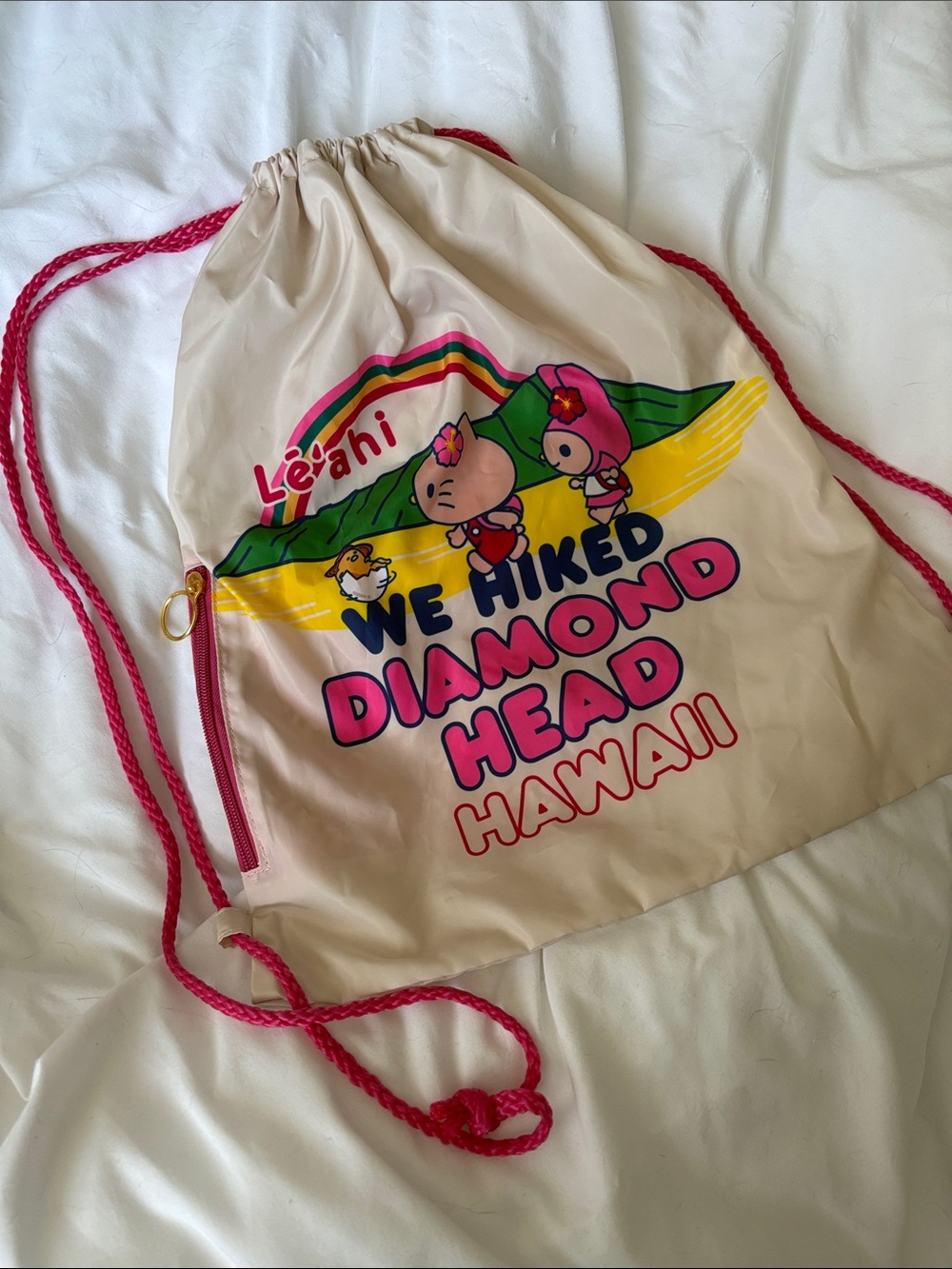 Hello Kitty Gudetama Diamond Head Hawaii Pink Graphic Drawstring Bag
